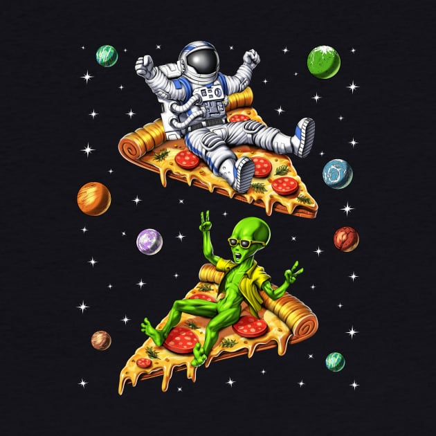 Astronaut And Alien Riding Pizza by underheaven